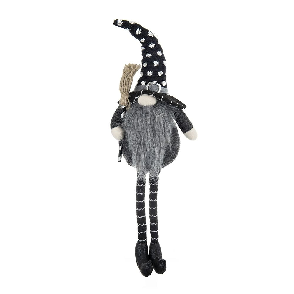 Sitting Gnome With Broomstick &amp; Soft Legs, For Halloween Decor - Black White