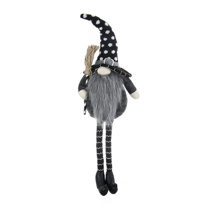 Sitting Gnome With Broomstick &amp; Soft Legs, For Halloween Decor - Black White