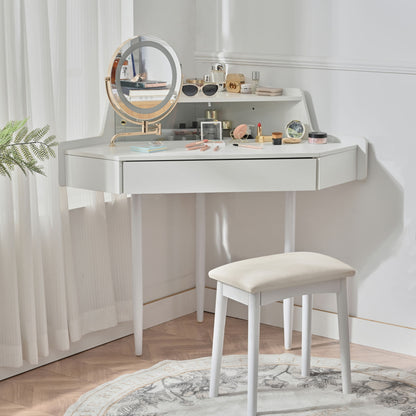 Modern Corner Makeup Vanity Desk With Large Storage, LED Mirror &amp; Stool, Adjustable Brightness, Space Saving - White