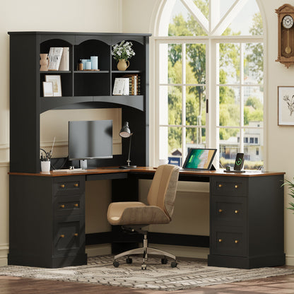 Space Saving L-Shaped Computer Desk With Keyboard Tray &amp; Charging Stations