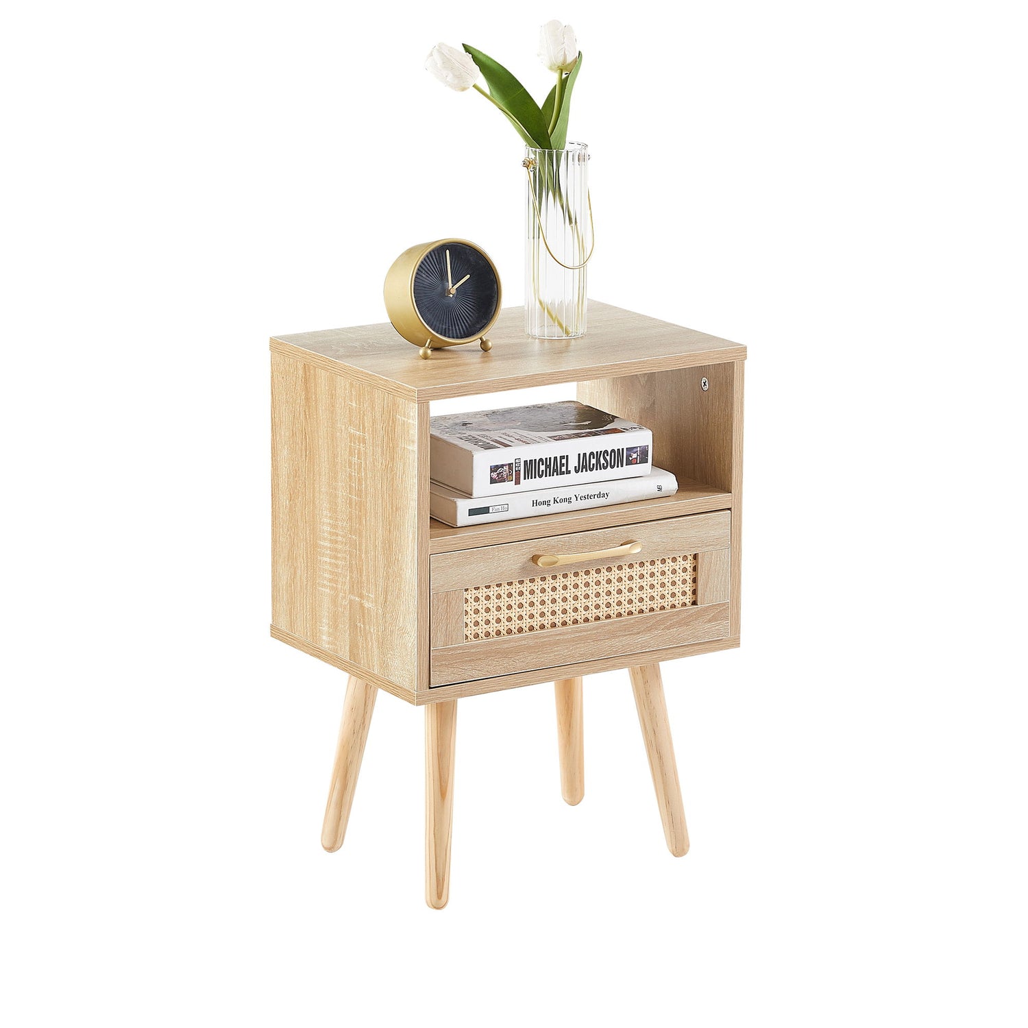 15.75&quot; Rattan End Table With Drawer And Solid Wood Legs, Modern Nightstand, Side Table For Living Room, Bedroom
