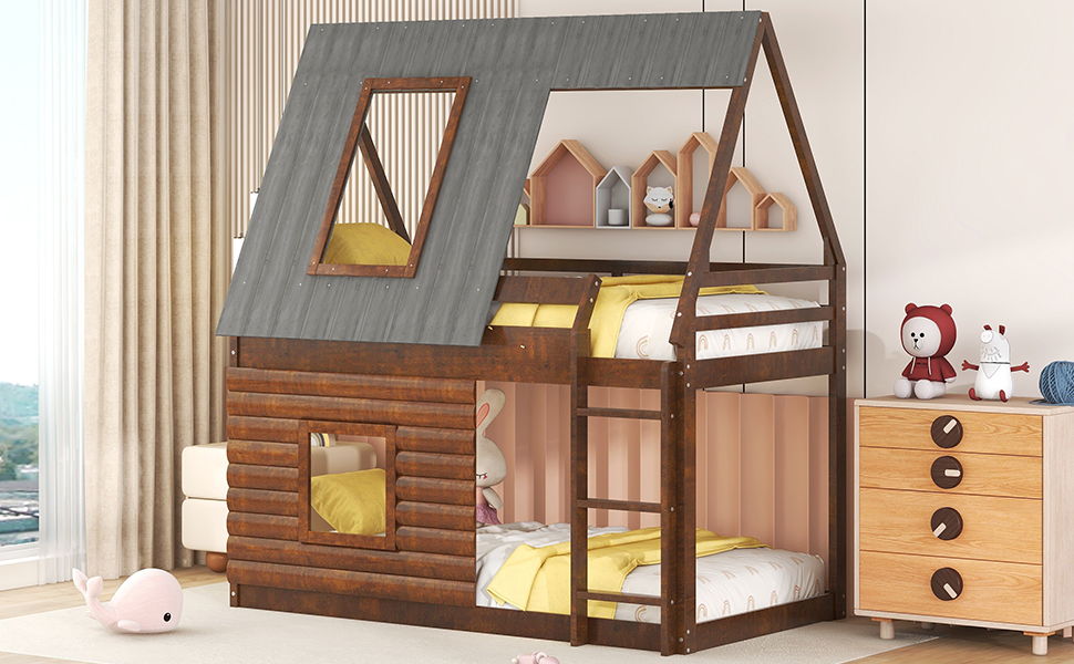 Wood Twin Size House Bunk Bed With Roof, Ladder And 2 Windows - Oak &amp; Smoky Gray