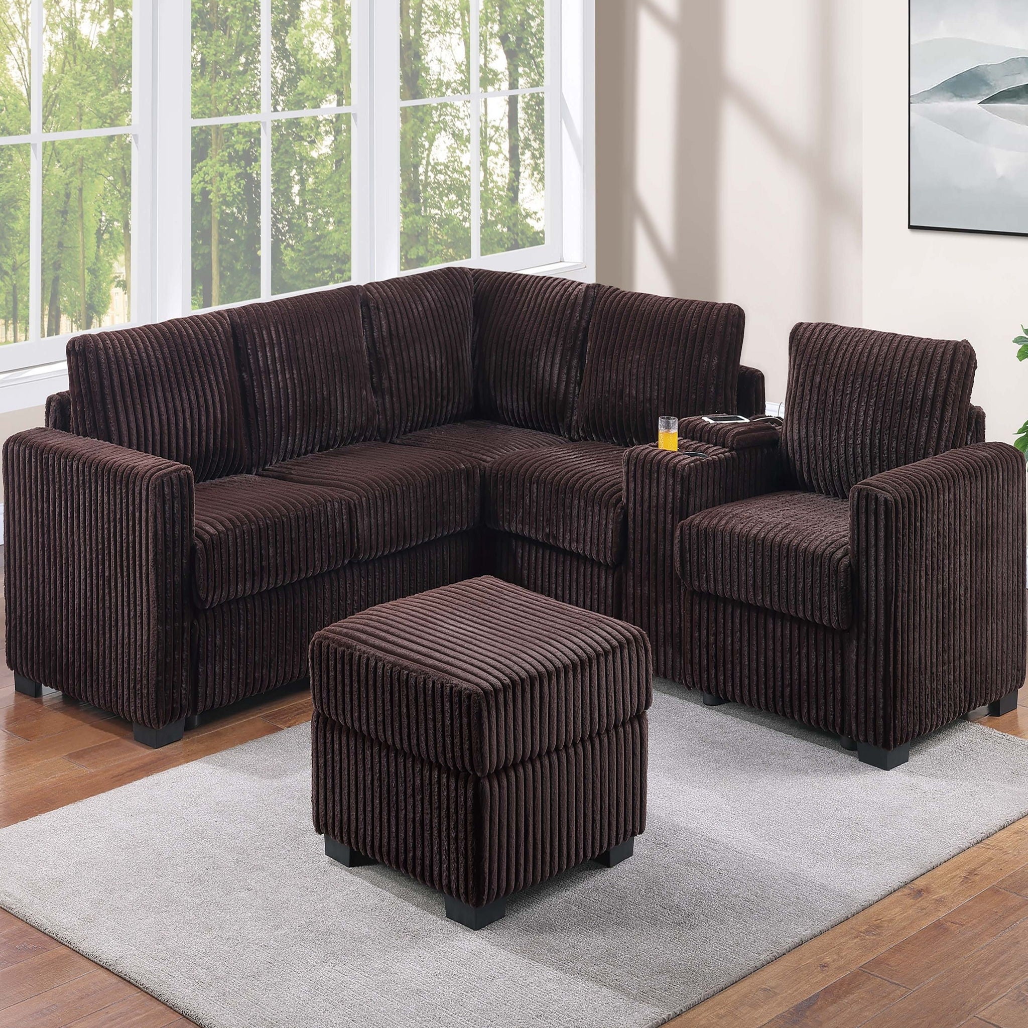 Contemporary L-Shaped Sectional Set With USB Console &amp; Ottoman