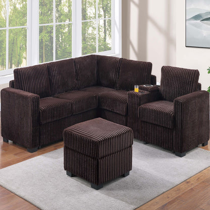 Contemporary L-Shaped Sectional Set With USB Console &amp; Ottoman