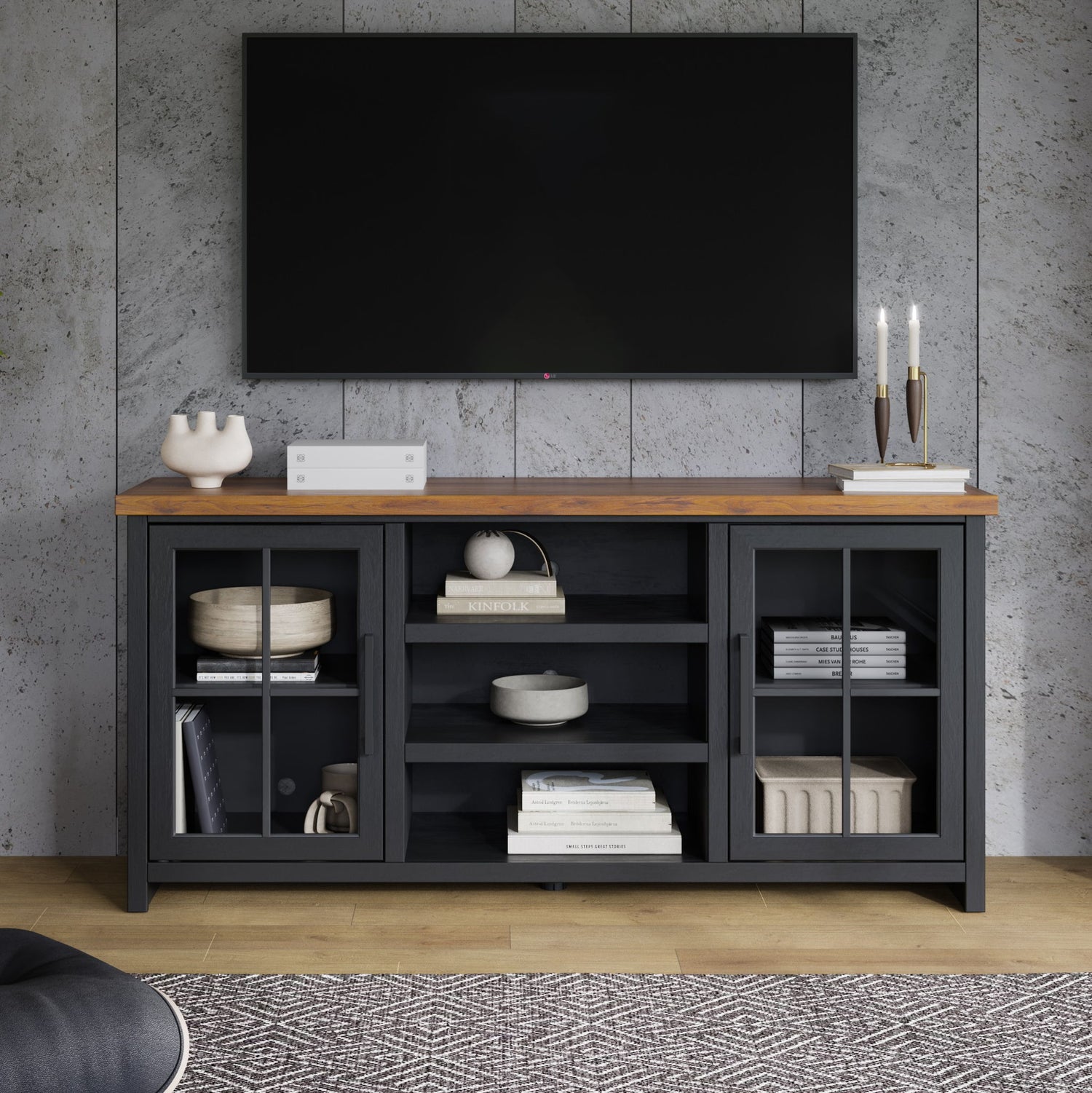 Essex - TV Stand Console For TVs Up To 80&quot; - Black, Whiskey