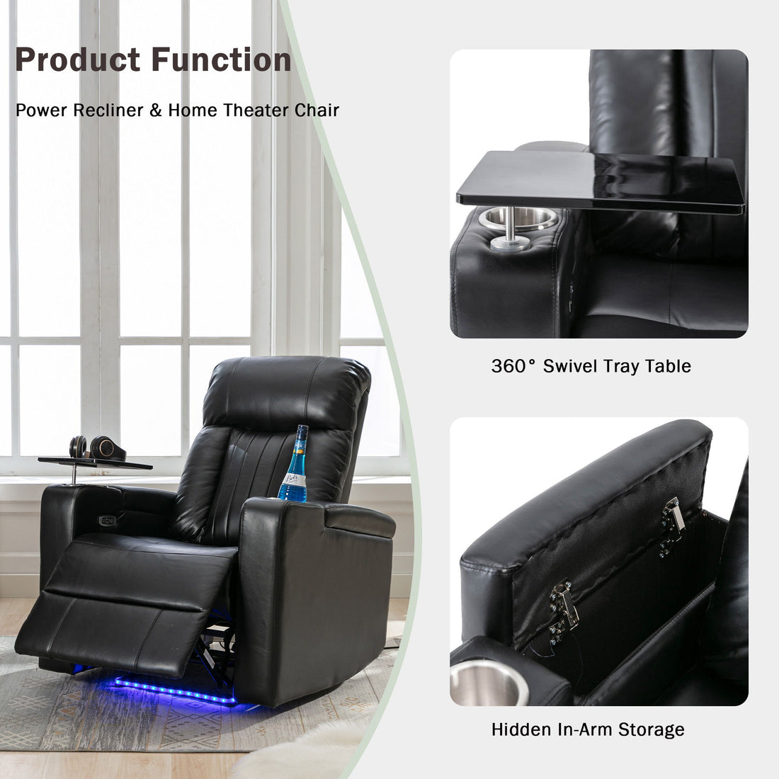Premium Power Recliner &amp; Storage Arms, Cupholders, Swivel Tray Table And Cell Phone Stand - Black