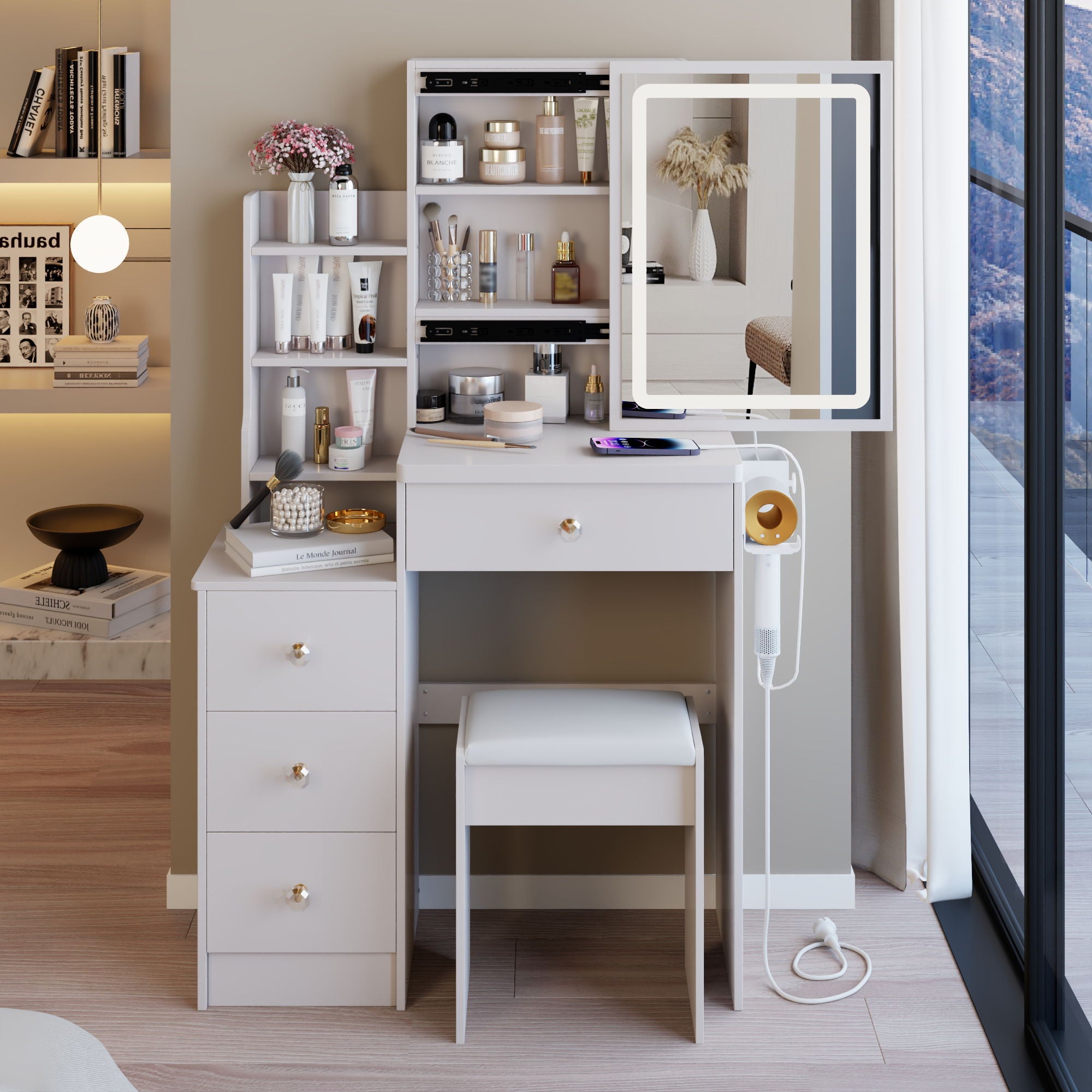Cabinet Vanity Table &amp; Cushioned Stool, USB Power Station, Hair Dryer Bracket - White