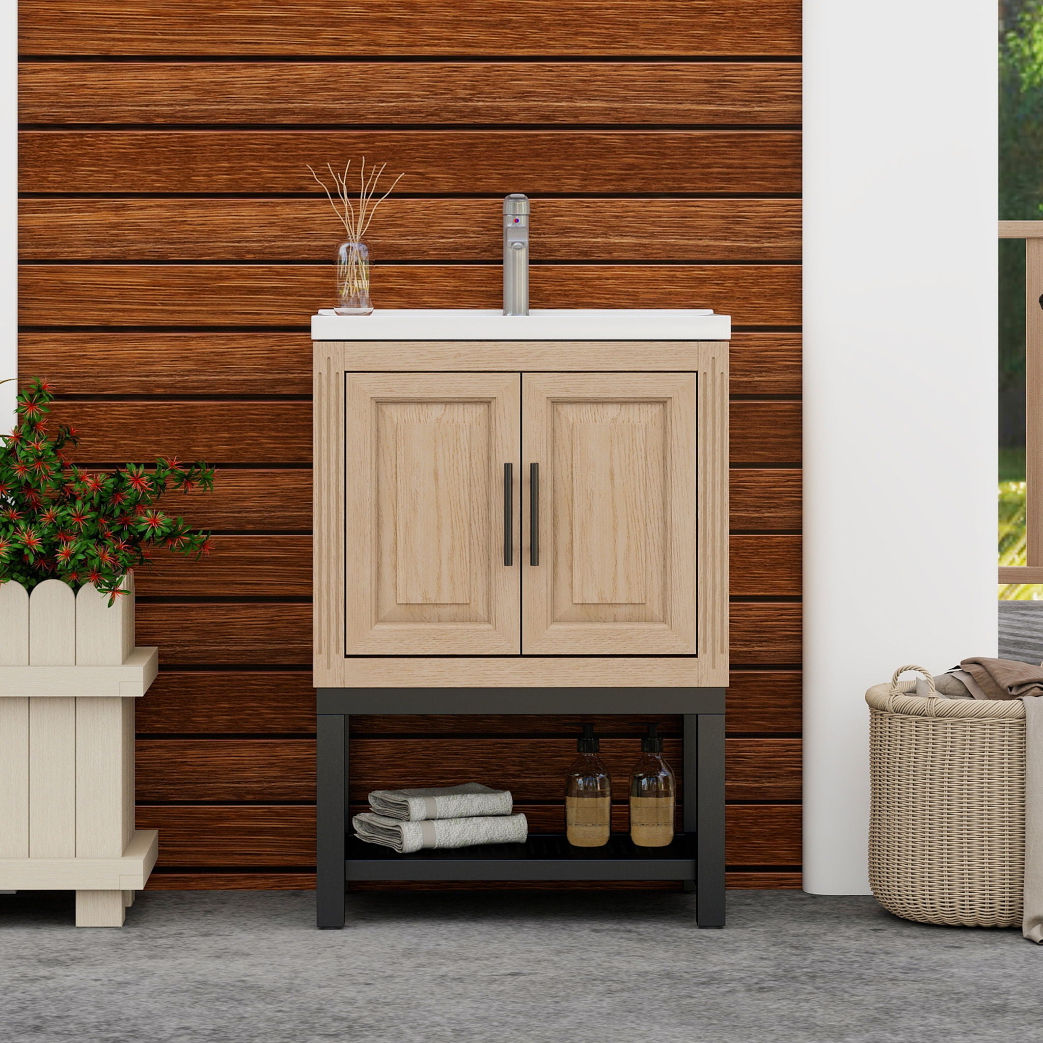Modern Freestanding Bathroom Vanity With Ceramic Sink, Hot And Cold Faucet, Storage Cabinet &amp; Open Shelf
