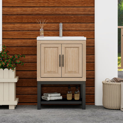 Modern Freestanding Bathroom Vanity With Ceramic Sink, Hot And Cold Faucet, Storage Cabinet &amp; Open Shelf