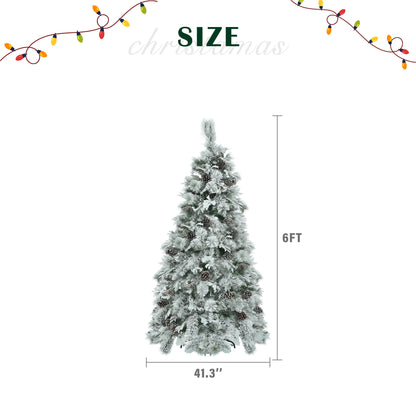 6FT Pre-Lit Spruce Snow Flocked Christmas Tree with Pine Cones, Artificial Xmas Tree with 403 Branch Tips,Mixed PE &amp; PVC Branches, 250 Multi-Color LED Lights, 11 Flashing Modes, Holiday Décor