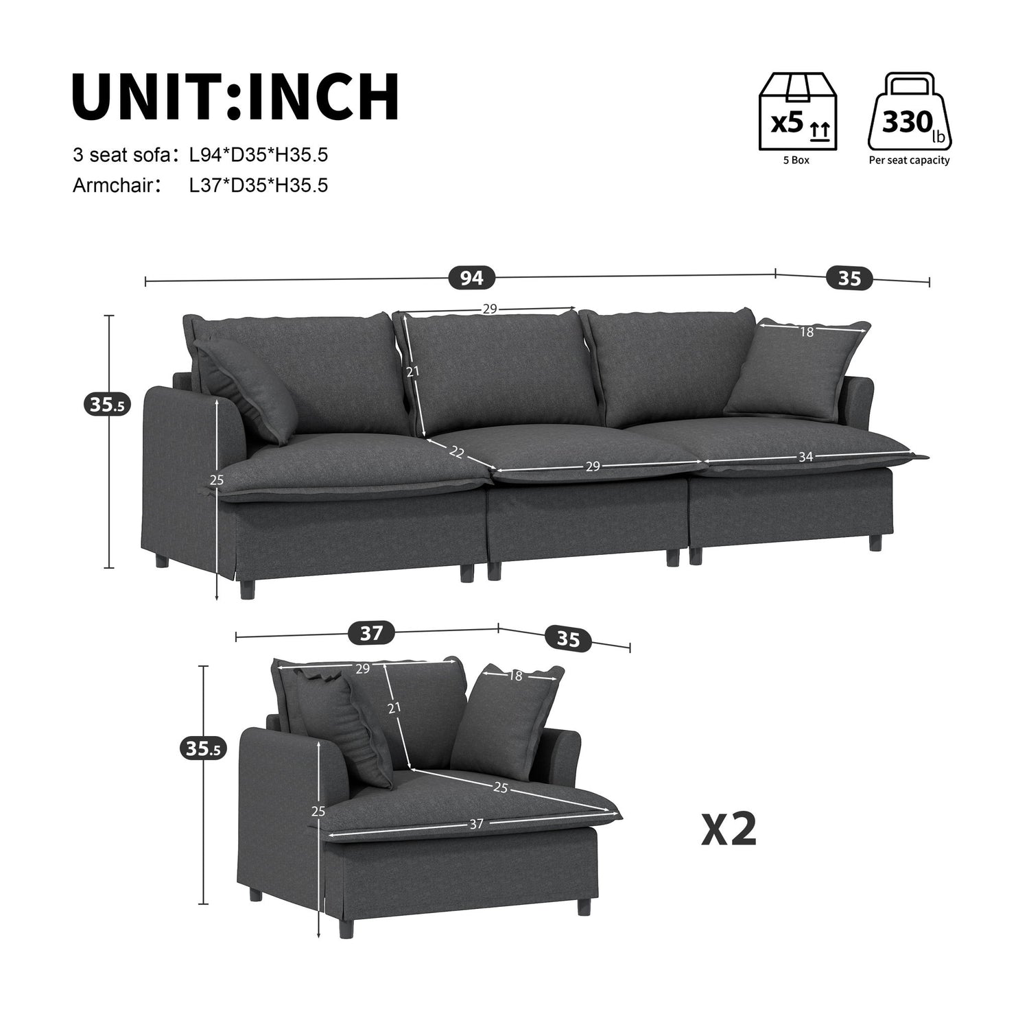 Living Room Set Modular Sectional Couch, Upholstered Sofa &amp; Armchair &amp; Movable Ottoman