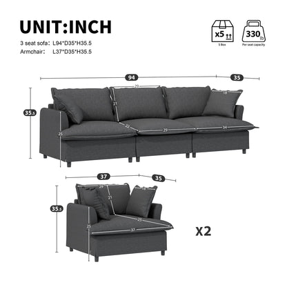 Living Room Set Modular Sectional Couch, Upholstered Sofa &amp; Armchair &amp; Movable Ottoman