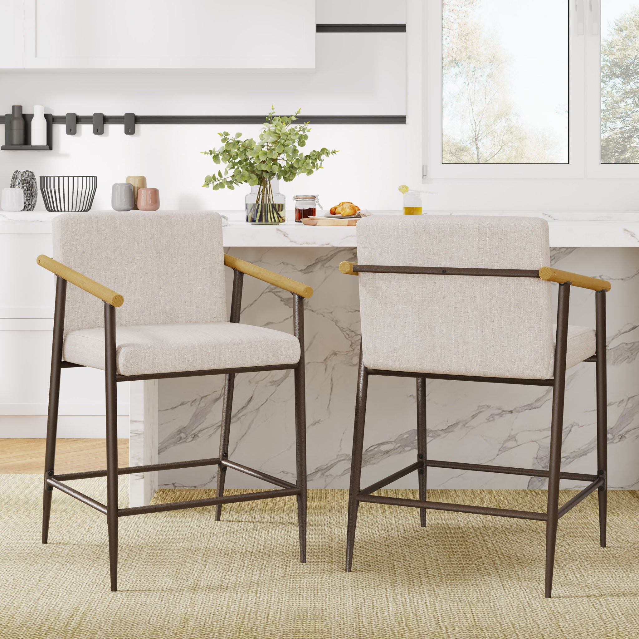 Mid Century Modern Counter Stool Set With Iron Frame