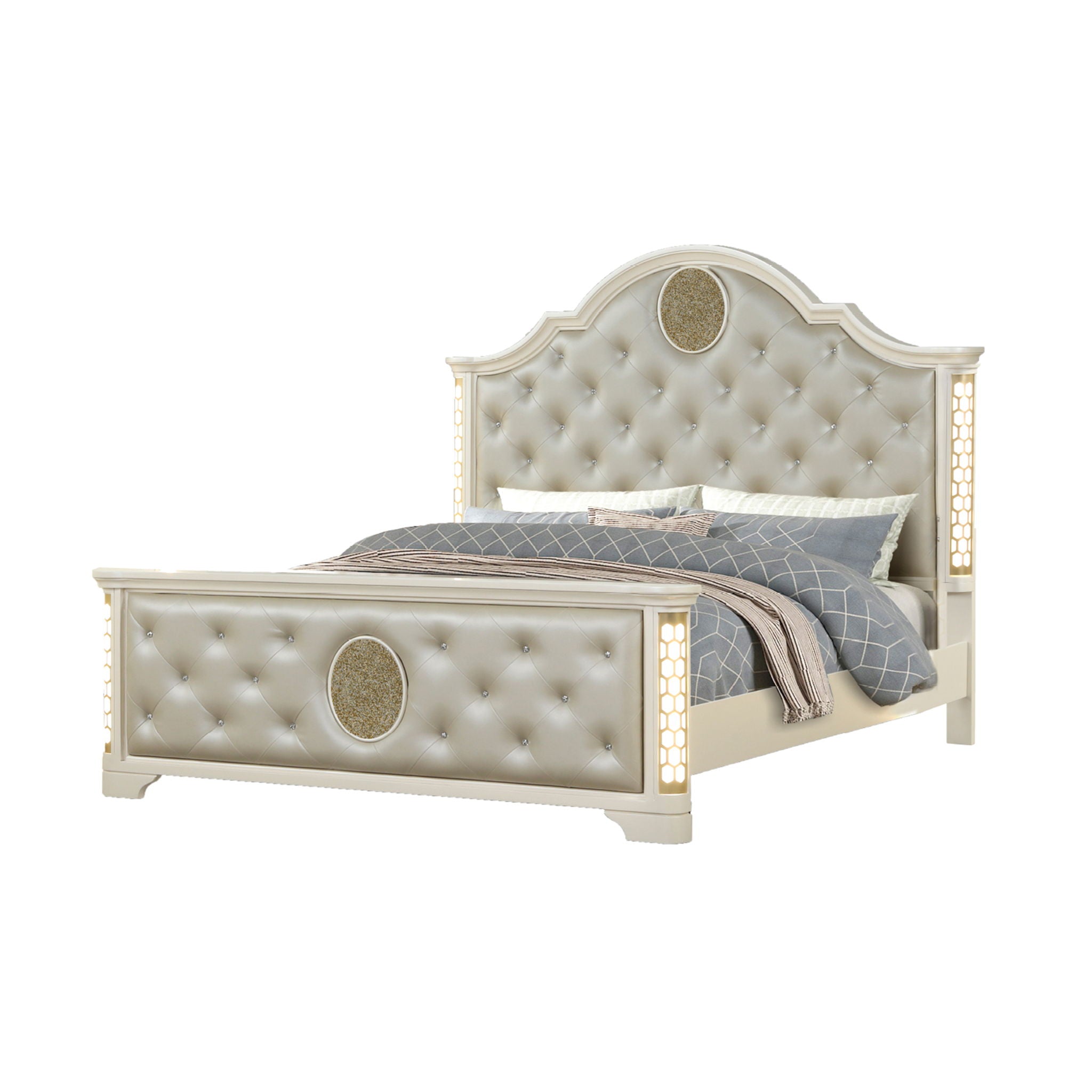 Jasmine - Queen Size Tufted Upholstery &amp; LED Bed - Beige