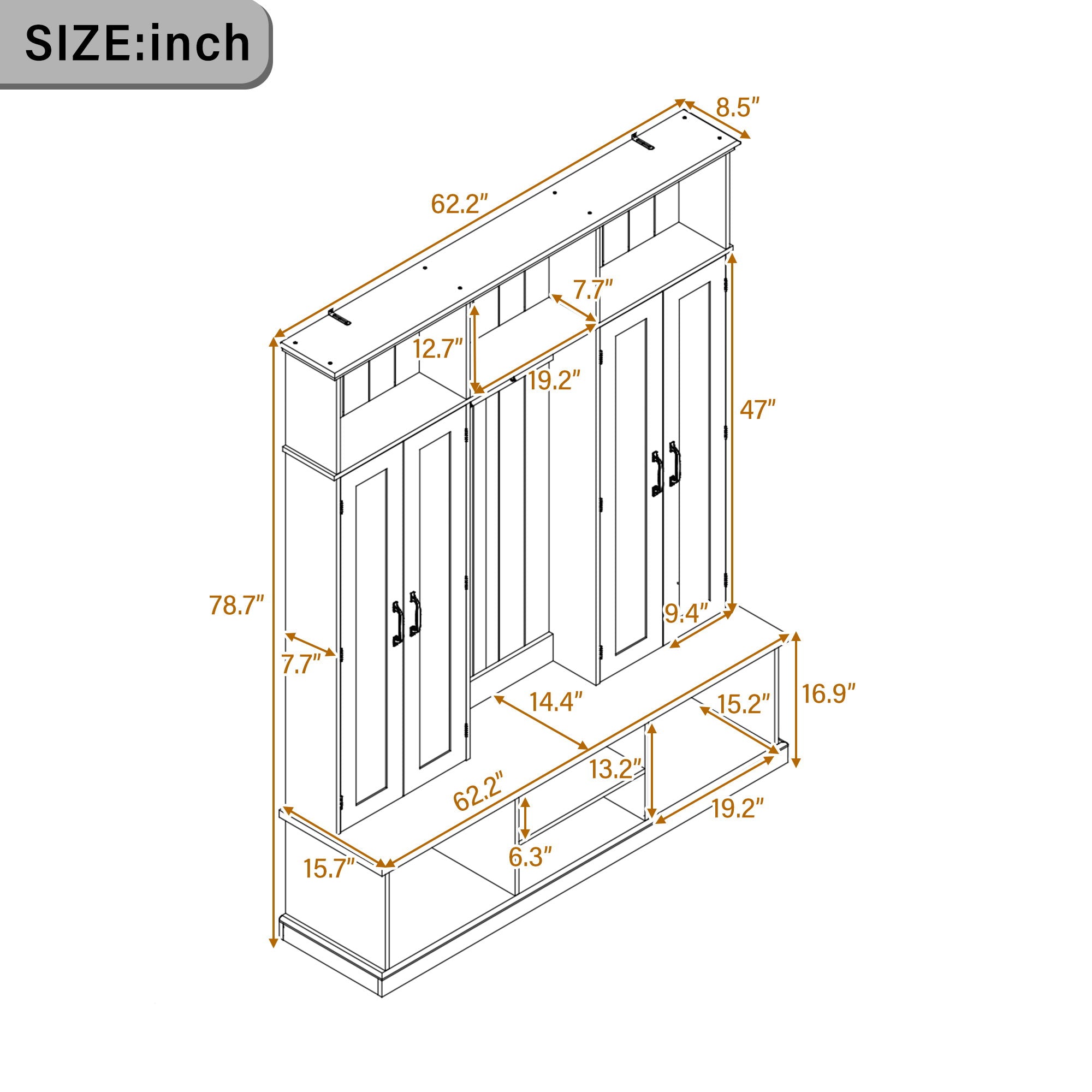 Entryway Hall Tree With Bench, 3 Top Cubbies &amp; Bottom Storage Space