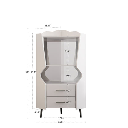 Corner Bar Cabinet With Mirrored Back, 2 Open Shelves &amp; 2 Drawers, High Legs For Easy Cleaning