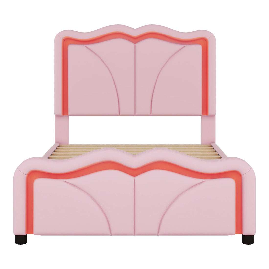 Upholstered Platform Bed &amp; Curve Shaped And Height Adjustable Headboard, LED Light Strips