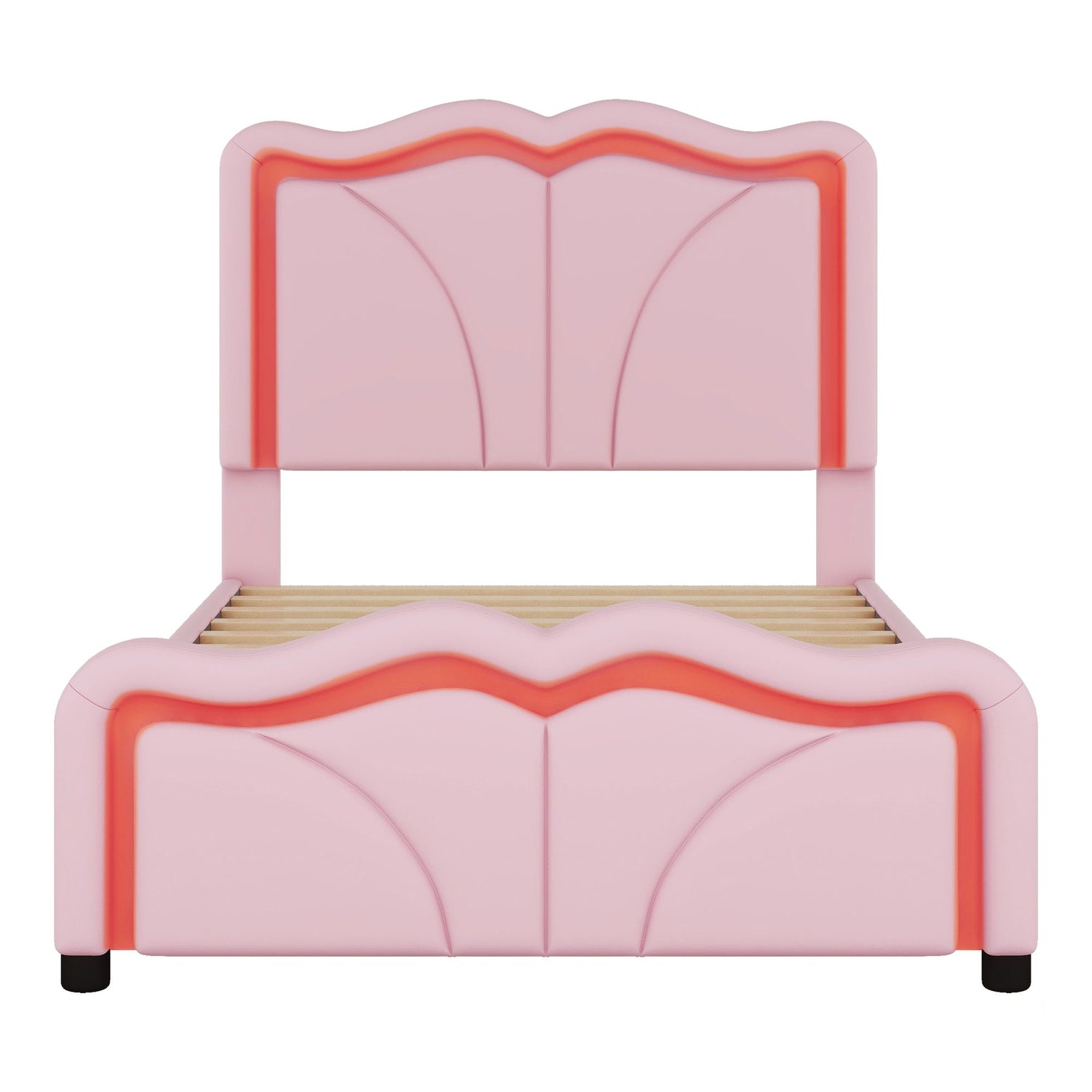 Upholstered Platform Bed &amp; Curve Shaped And Height Adjustable Headboard, LED Light Strips