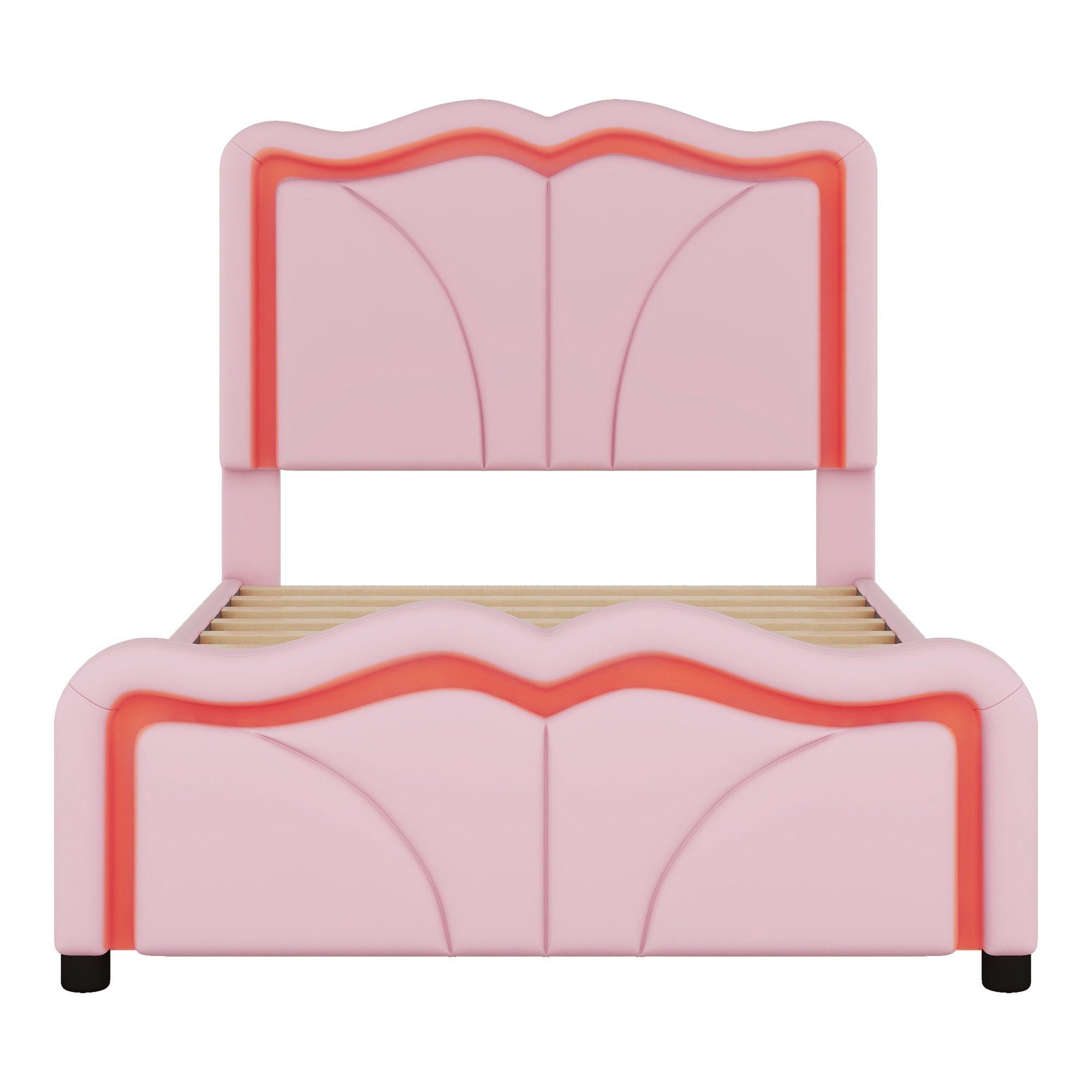 Upholstered Platform Bed &amp; Curve Shaped And Height Adjustable Headboard, LED Light Strips
