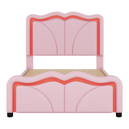 Upholstered Platform Bed &amp; Curve Shaped And Height Adjustable Headboard, LED Light Strips