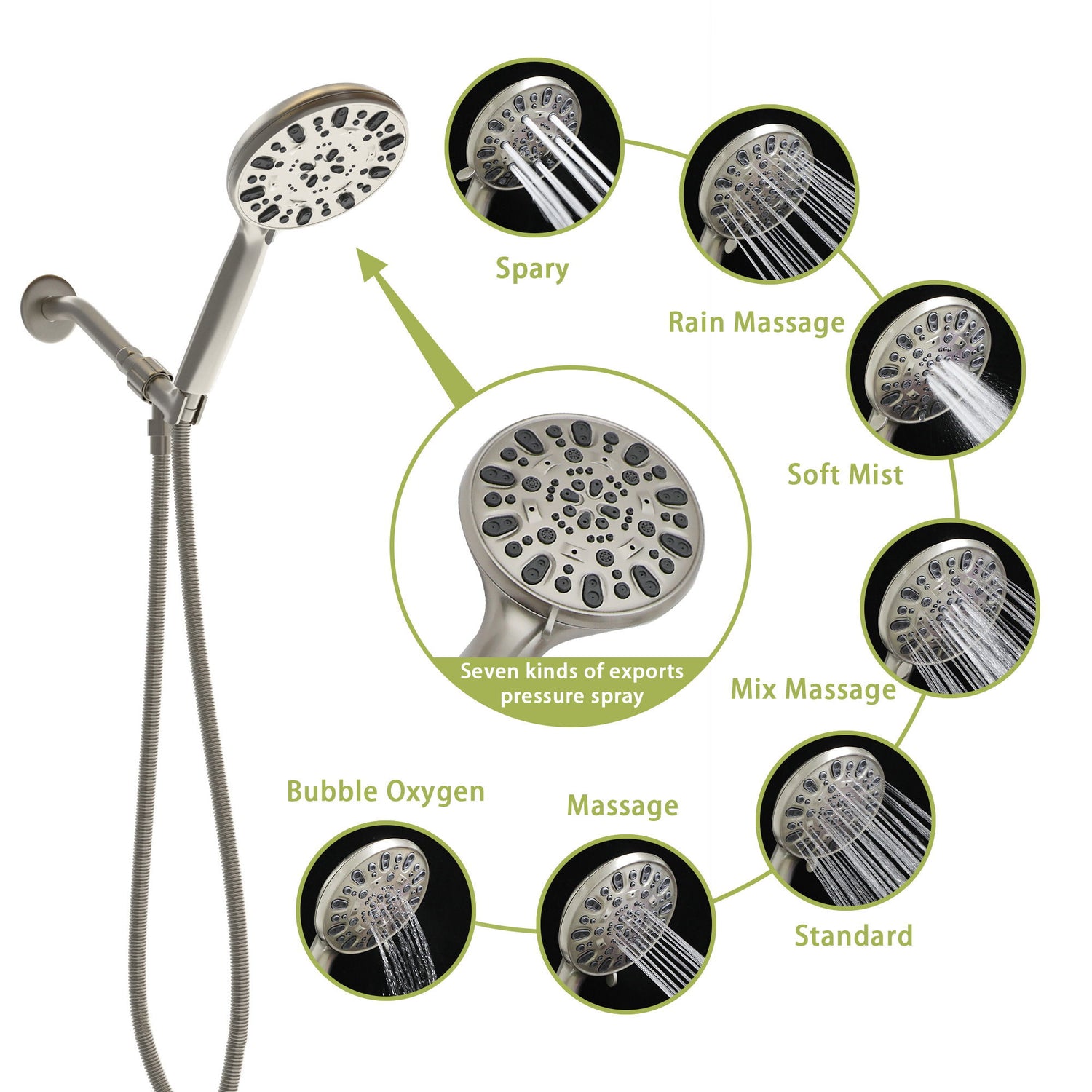 Multi Function Adjustable Hand Shower 7 Function Hand Shower, Wall Mounted - Brushed Nickel