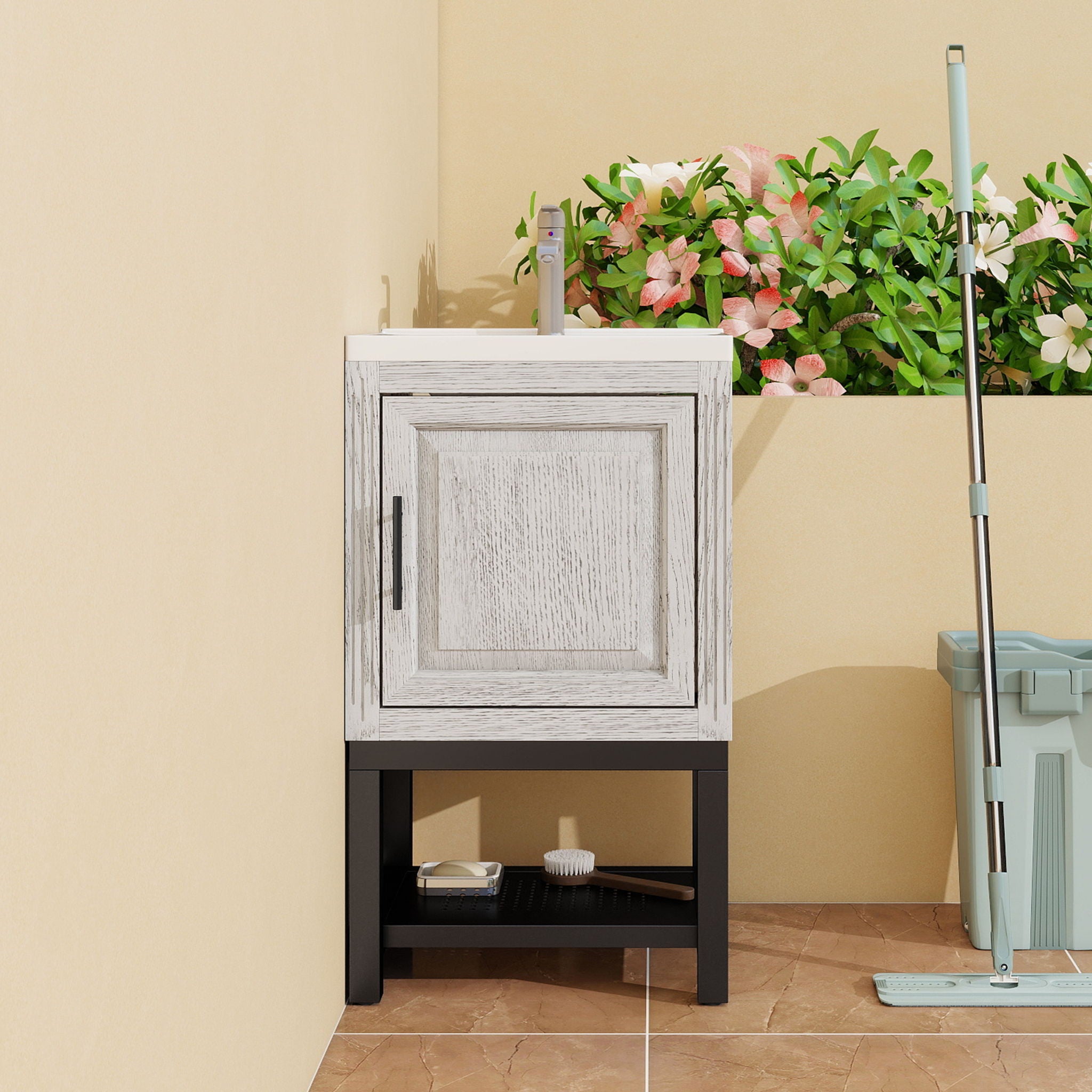 Modern Freestanding Bathroom Vanity With Ceramic Sink, Hot And Cold Faucet, 1 Door Cabinet &amp; Open Shelf