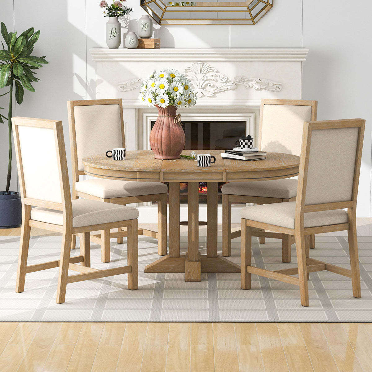 Dining Set &amp; Extendable Round Table And 4 Upholstered Chairs