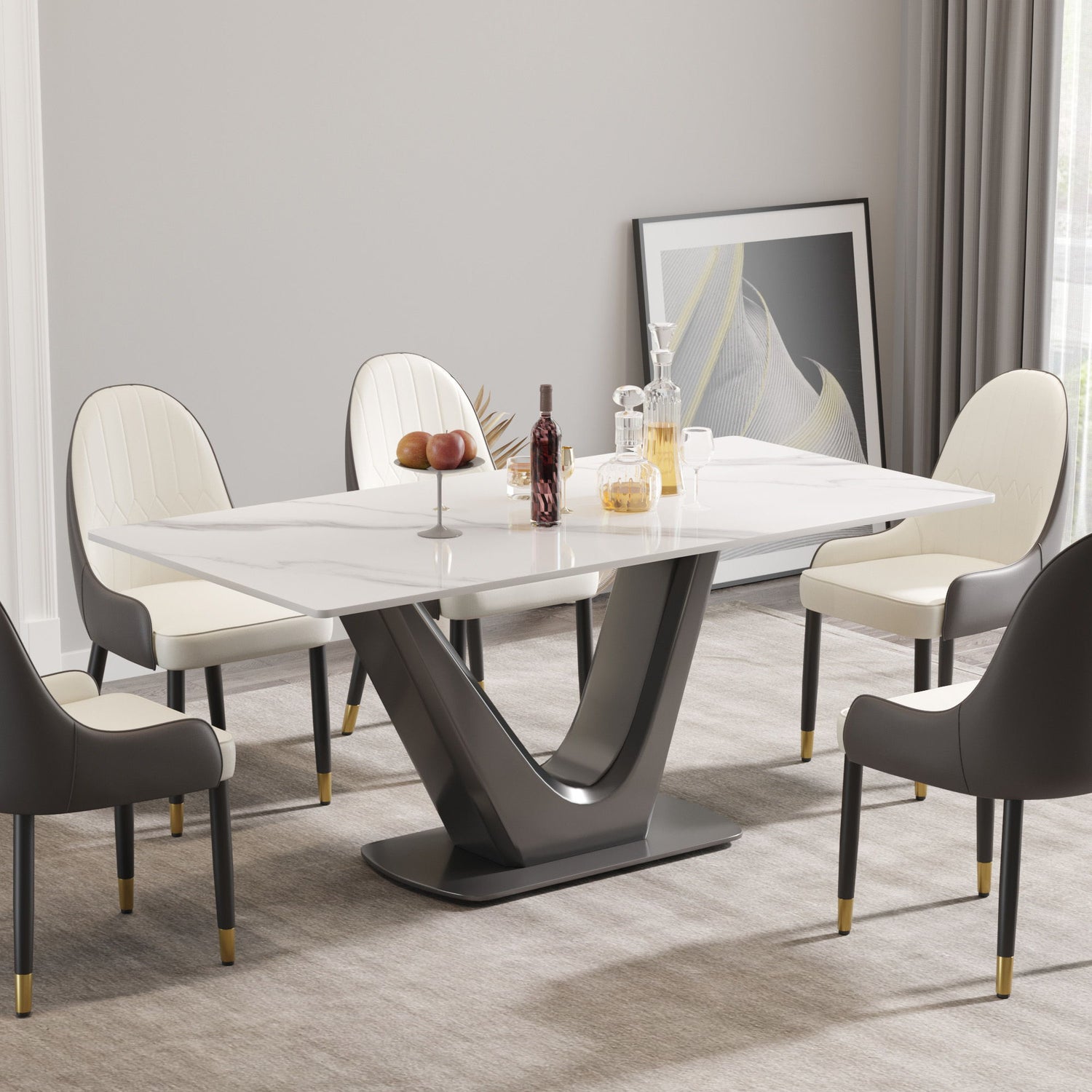 70.84&quot; Modern Artificial Stone Panel V-Shaped Metal Legs, Can Accommodate 6-8 People - White / Gray