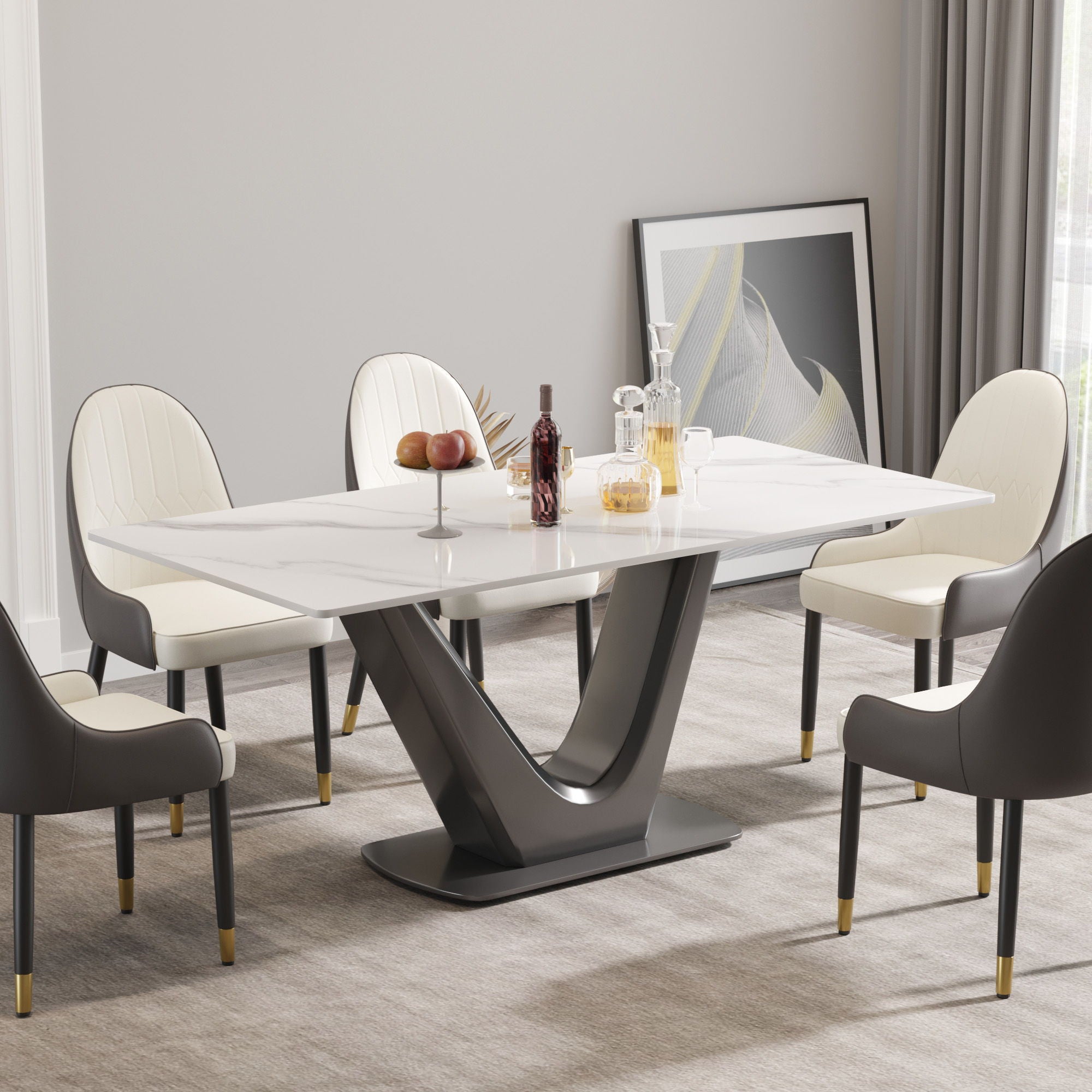 70.84&quot; Modern Artificial Stone Panel V-Shaped Metal Legs, Can Accommodate 6-8 People - White / Gray