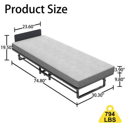 Modern Metal Folding Bed Frame With Foam Mattress, Easy Storage &amp; Mobility - Black