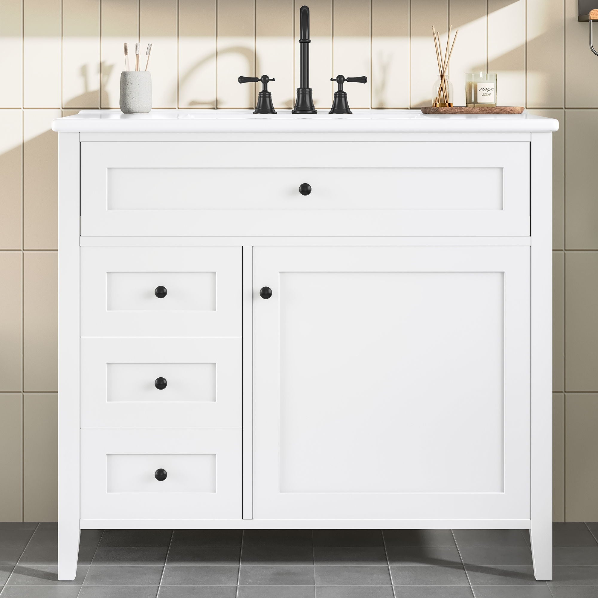 Bathroom Vanity With Sink, 3 Drawers &amp; Cabinet With Adjustable Shelves