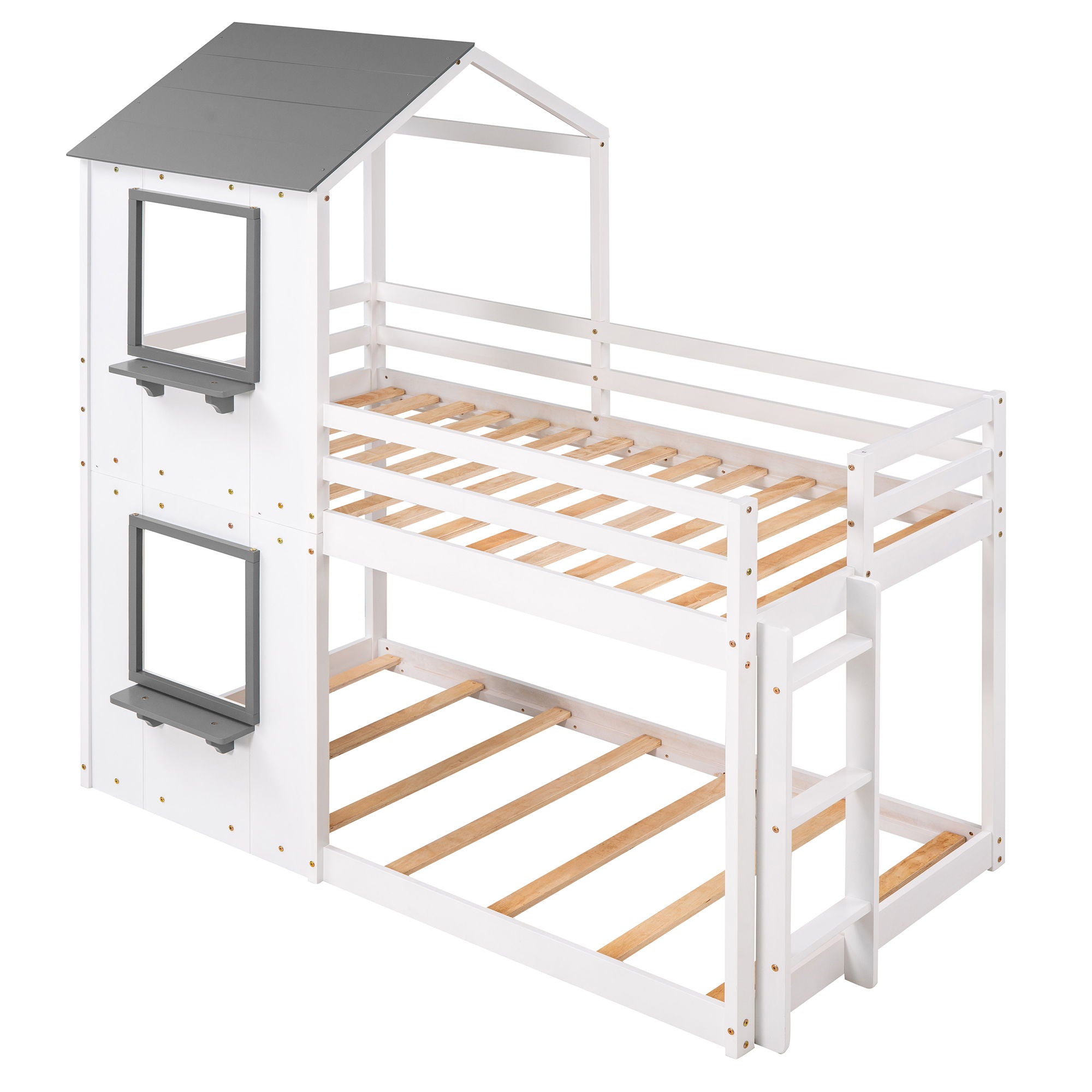 Bunk Bed Wood Bed &amp; Roof, Window, Guardrail, Ladder