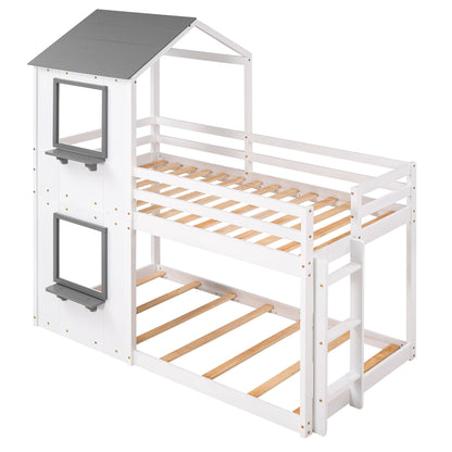 Bunk Bed Wood Bed &amp; Roof, Window, Guardrail, Ladder
