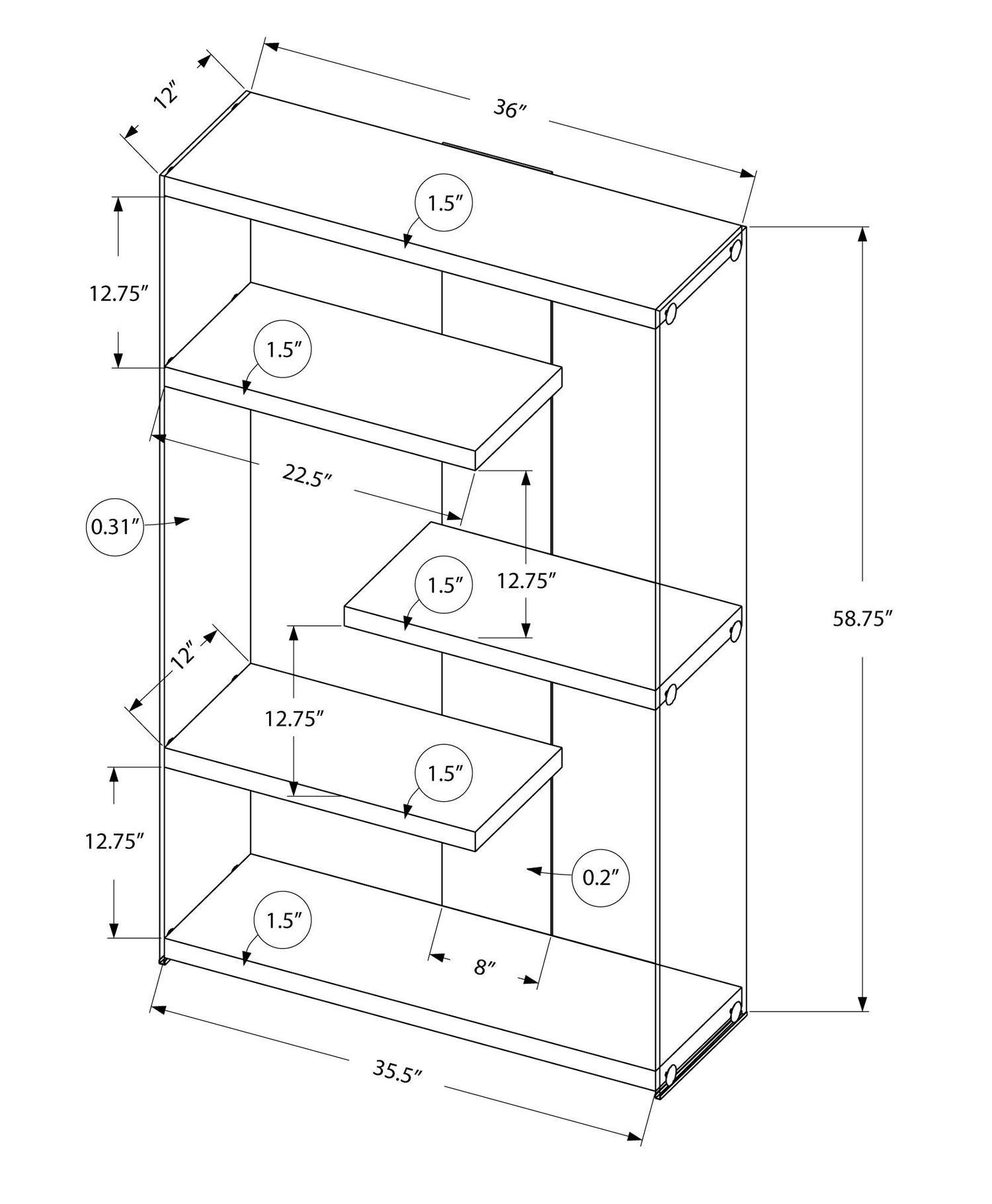 Bookshelf, Bookcase, Etagere, 5 Tier, Office, Glossy Contemporary &amp; Modern - White