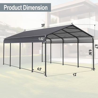 Metal Carport 12 X 20 Ft Heavy Duty With Galvanized Steel Roof Metal Garage Canopy With Galvanized Steel Roof &amp; Frame Car Tent Outdoor Storage Shed For Car Boats And Truck - Alabaster / Dark Gray