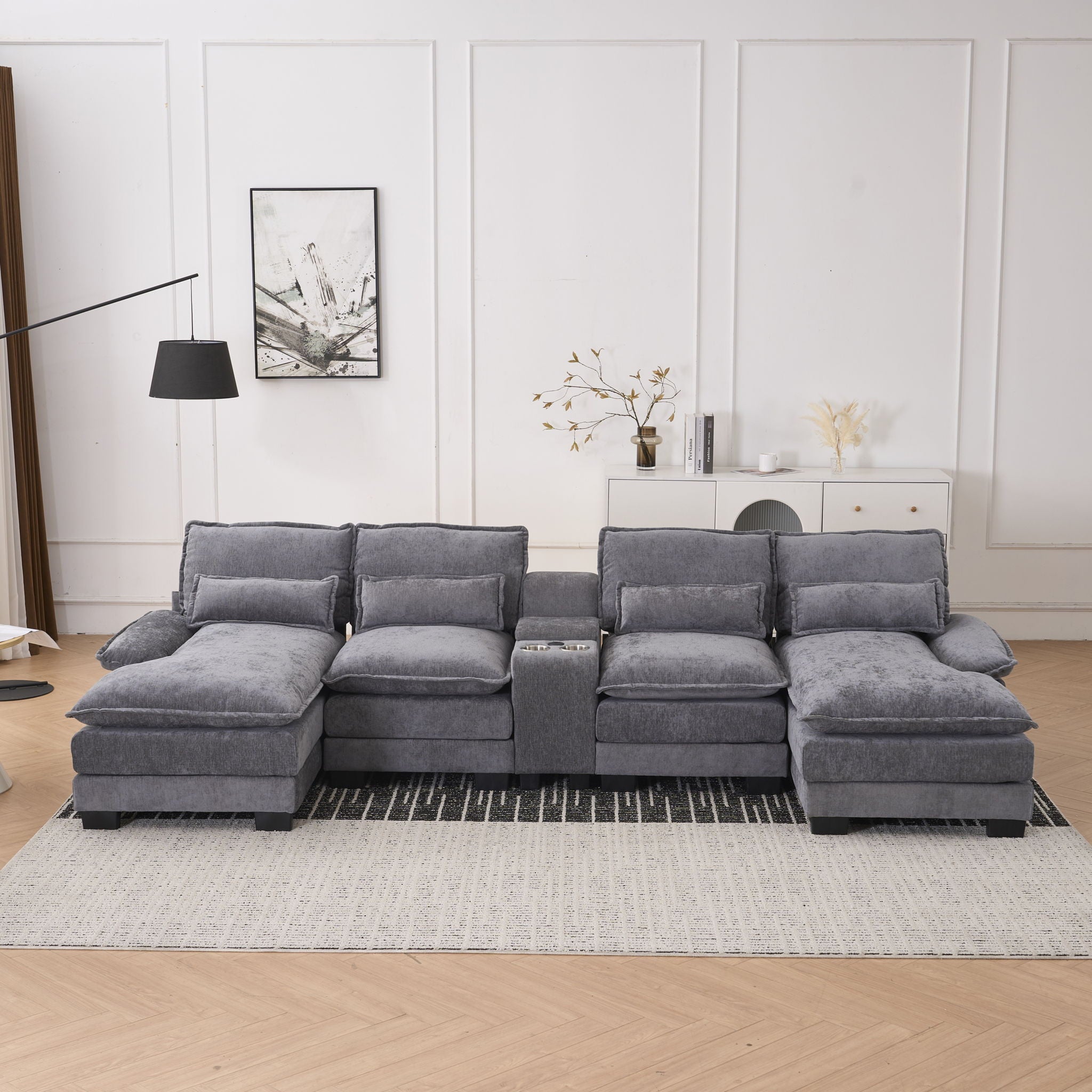 U Shaped Sofa With Console, Cupholders, USB Ports, 6 Seat, Bronzing Suede &amp; Chenille