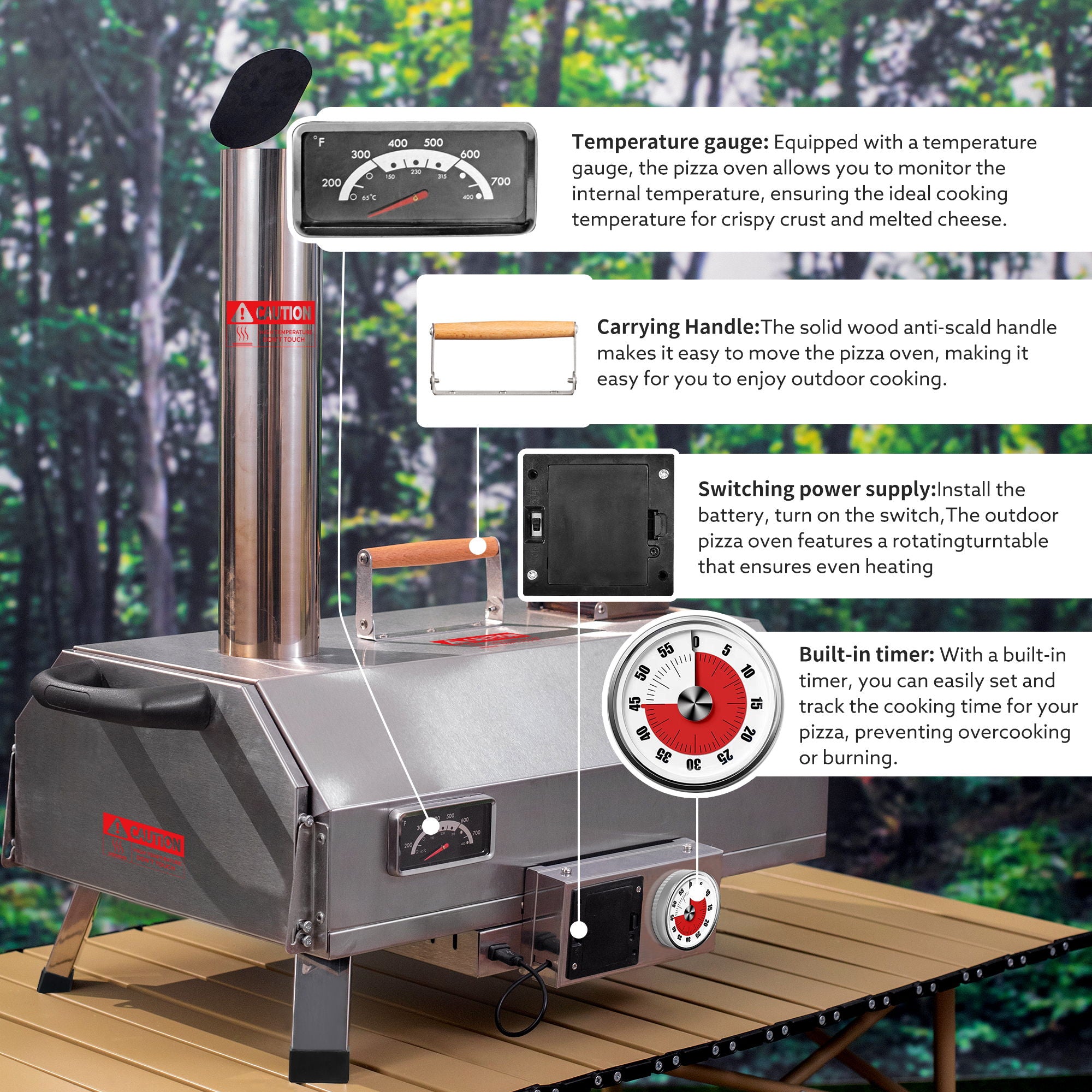Stainless Steel Pizza Oven Outdoor 12&quot; Automatic Rotatable Pizza Ovens, Portable Wood Fired Pizza Oven Pizza Maker With Timer, Built-In Thermometer, Pizza Cutter &amp; Carry Bag - Silver