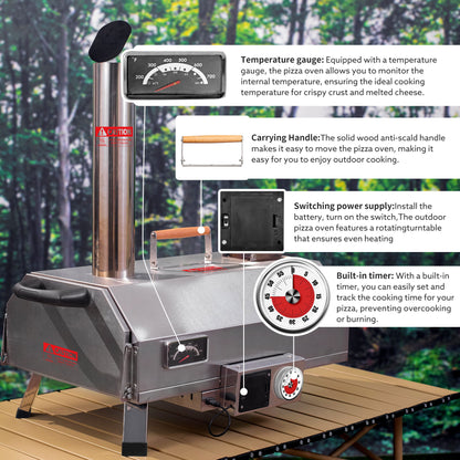 Stainless Steel Pizza Oven Outdoor 12&quot; Automatic Rotatable Pizza Ovens, Portable Wood Fired Pizza Oven Pizza Maker With Timer, Built-In Thermometer, Pizza Cutter &amp; Carry Bag - Silver