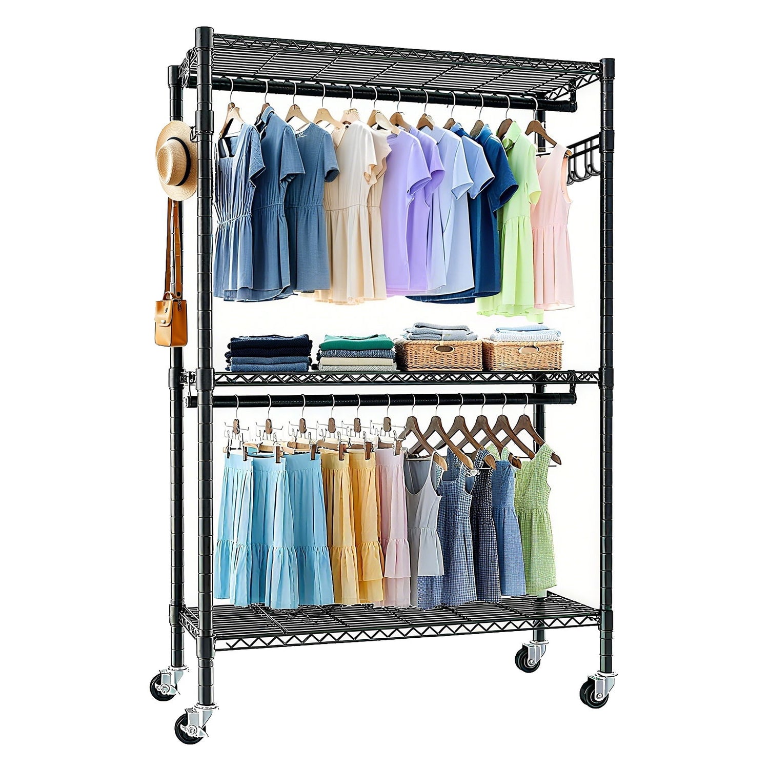 Heavy Duty Rolling Clothes Rack With 3 Tier Shelves, 2 Rails &amp; Side Hooks, Adjustable Freestanding Organizer Metal - Black