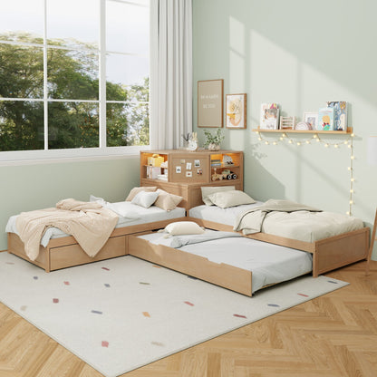 L-Shaped Bed Frame With Trundle, Built In Desk &amp; LED Lighting