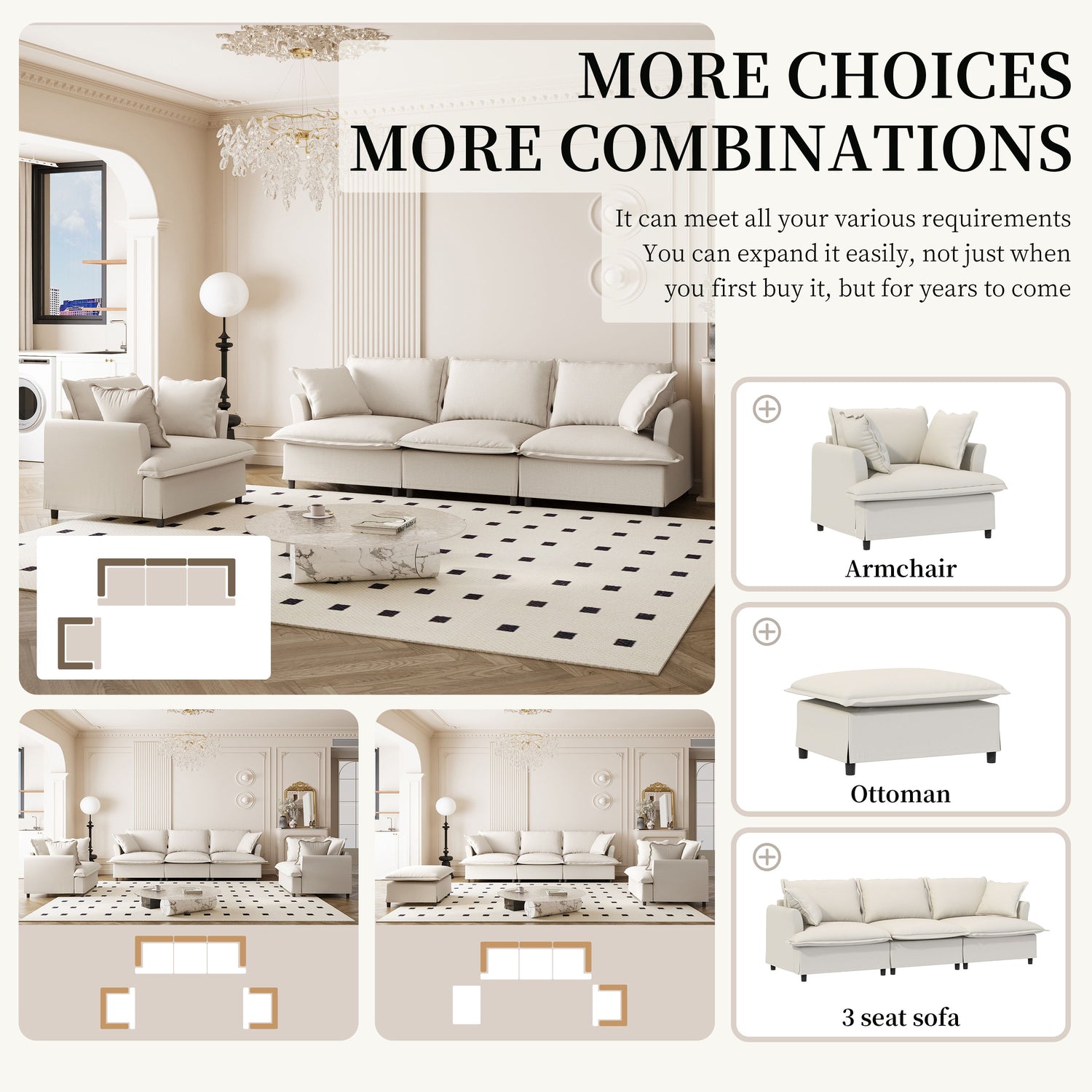 Living Room Set Modular Sectional Couch, Upholstered Sofa &amp; Armchair &amp; Movable Ottoman