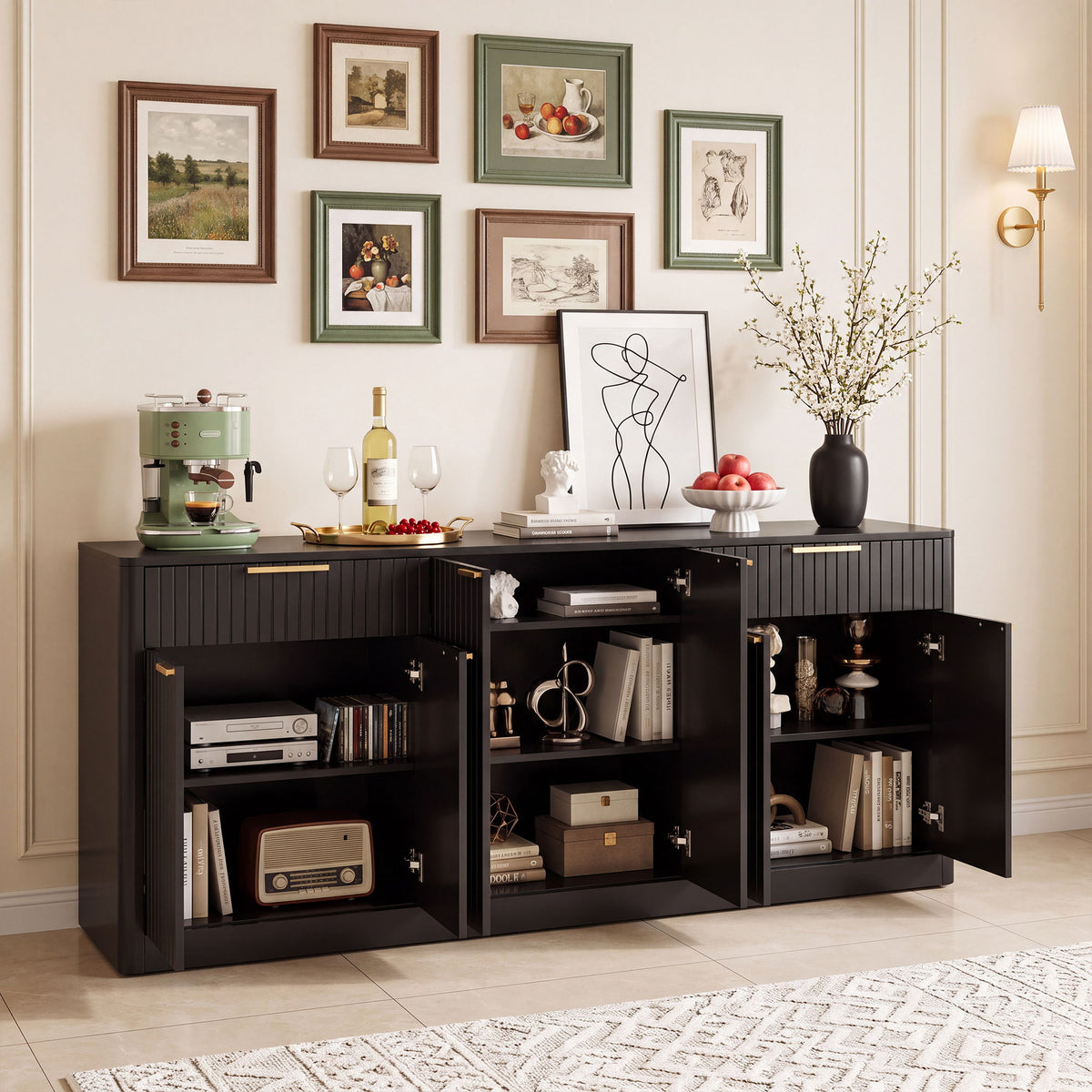 Large Fluted Buffet Sideboard, Wine Bar Storage Cabinet With 6 Doors &amp; 2 Drawers
