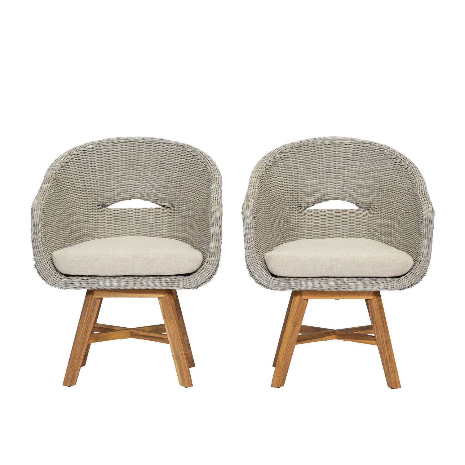 Modern Coastal Rattan Dining Chairs, (Set of 2), Solid Wood Legs - Beige
