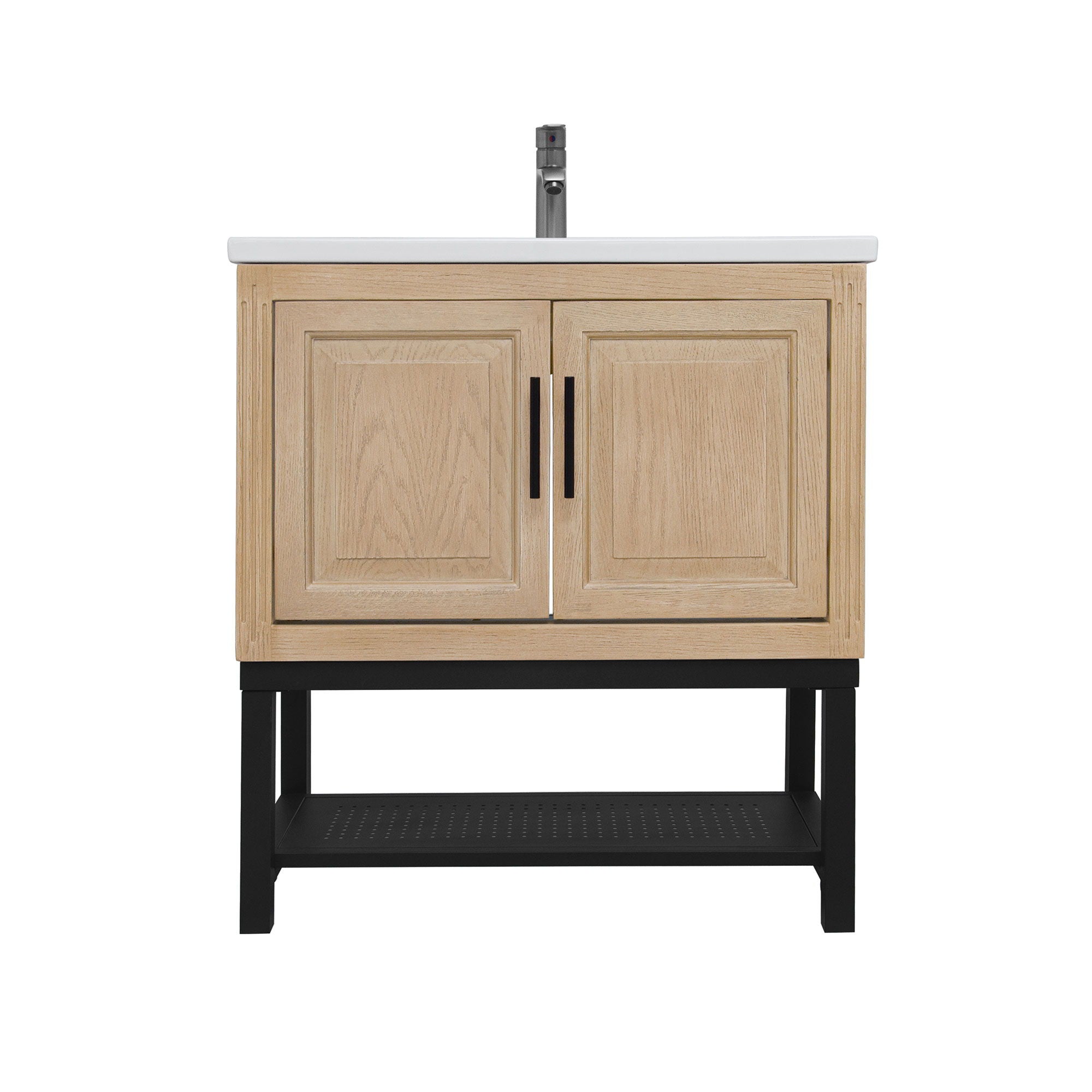 Modern Freestanding Bathroom Vanity With Ceramic Sink, Hot And Cold Faucet, Storage Cabinet &amp; Open Shelf
