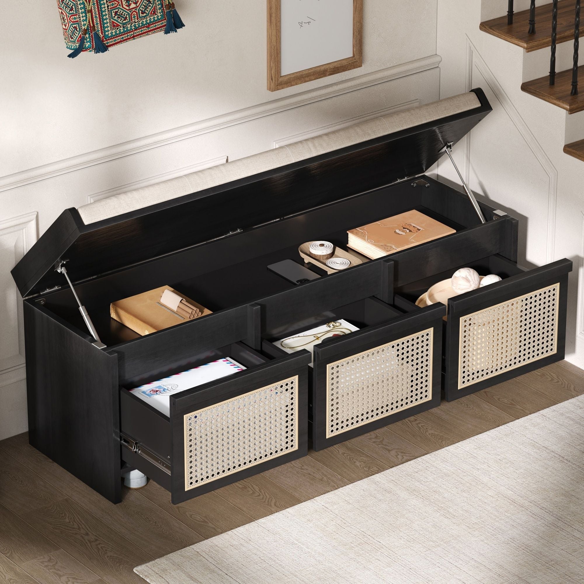 Entryway Shoe Bench With Drawers &amp; Button Tufted Cushion
