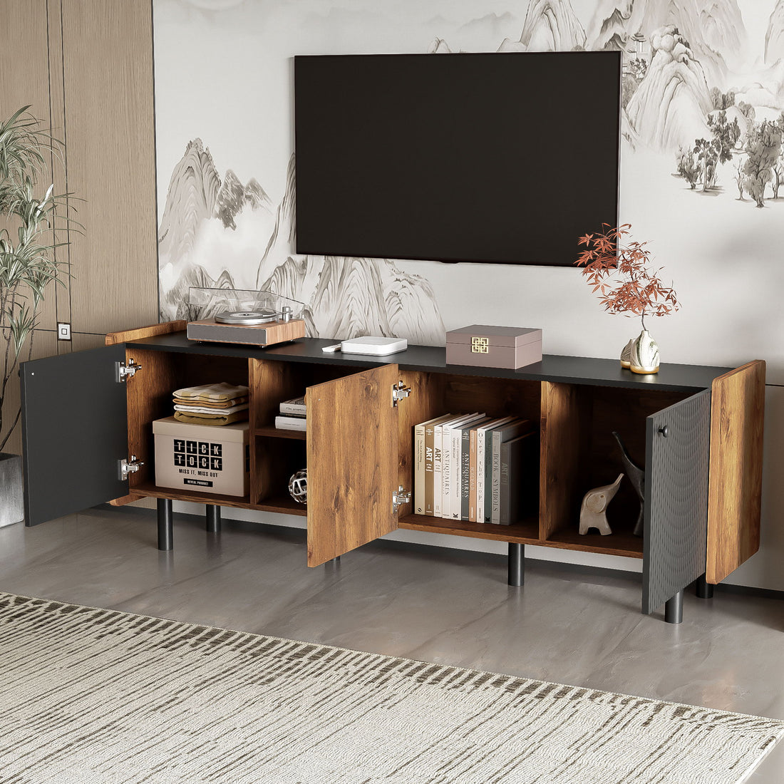 Mid Century TV Stand With 3 Cabinets, Media Console Table For Tvs Up To 70&