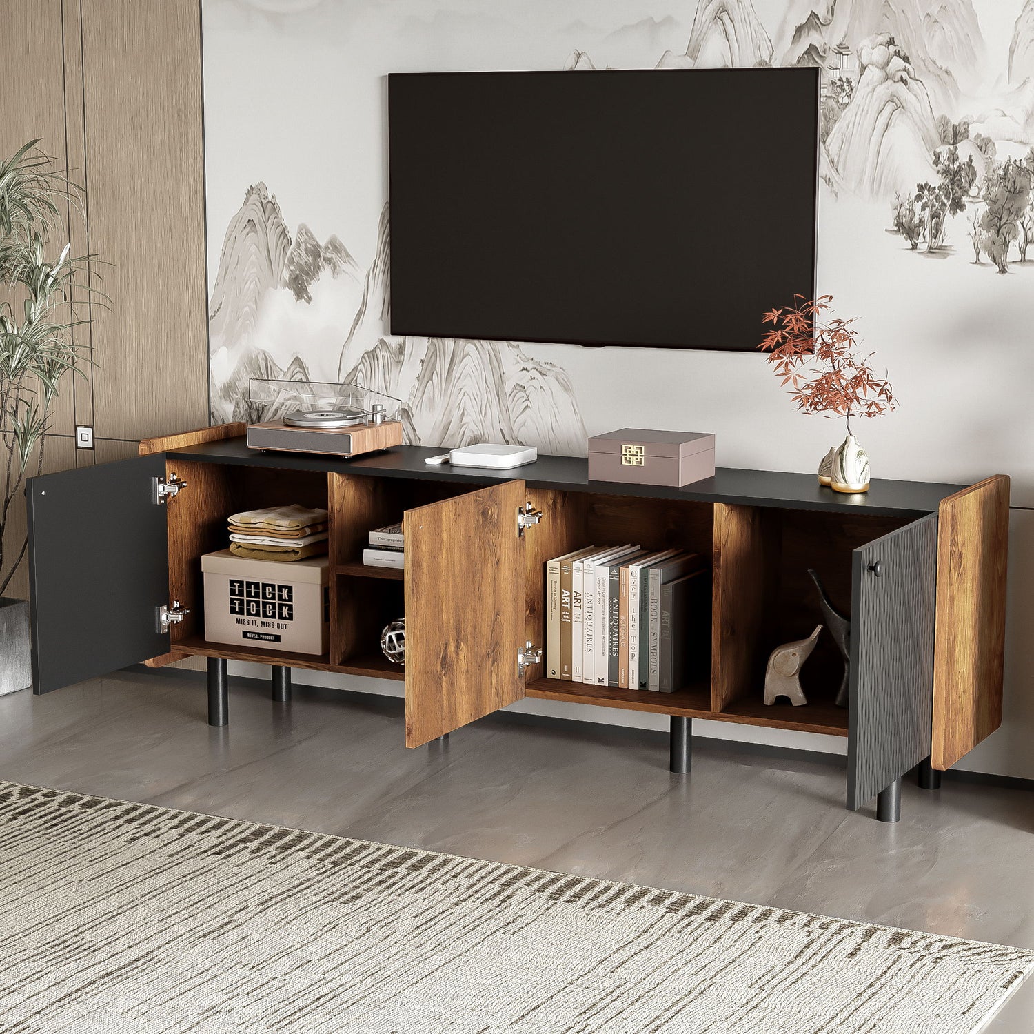 Mid Century TV Stand With 3 Cabinets, Media Console Table For Tvs Up To 70&
