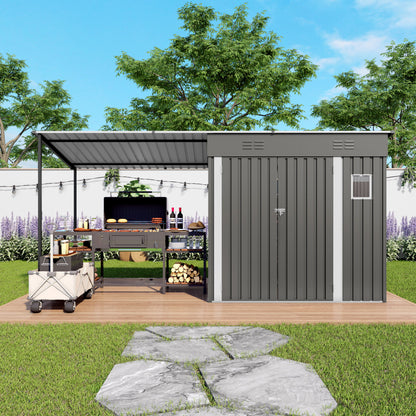 Lean To Shed With Open Sided Pergola, Outdoor Storage Shed &amp; Attached Hardtop Gazebo Combo - Gray