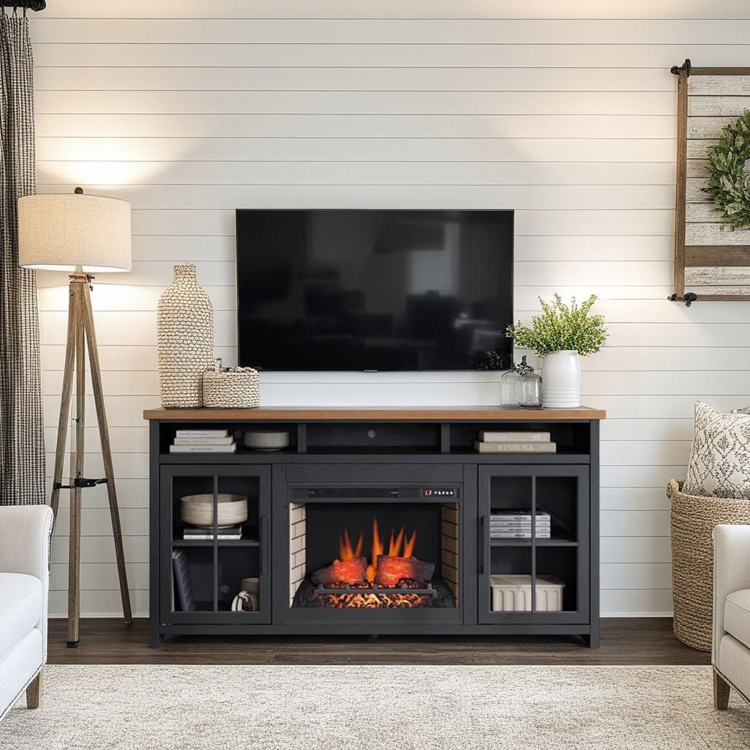 Essex - Fireplace TV Stand Console For TVs Up To 85&quot; - Black, Whiskey