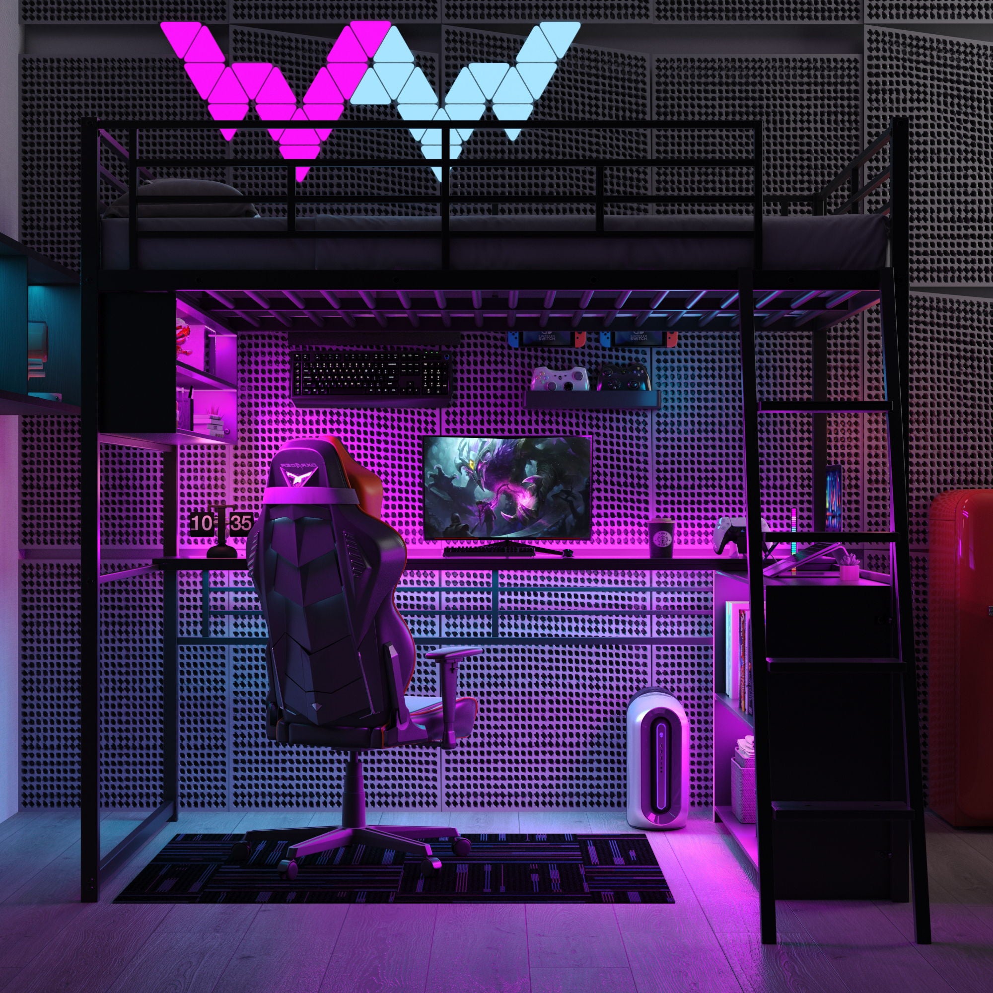 Loft Bed With LED Desk And 4 Storage Shelves